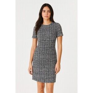 St. John Boucle Tweed Metallic Blue White Black Midi Sheath Dress Size 2 Current